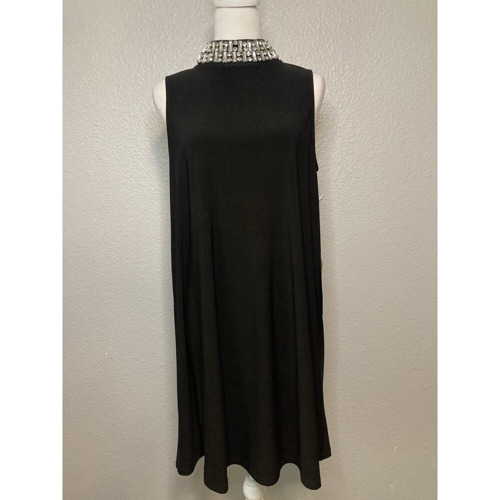 Black Dress Women’s 10P Tunic Sleeveless Flowy Elegant Jeweled Neckline $120 NWT